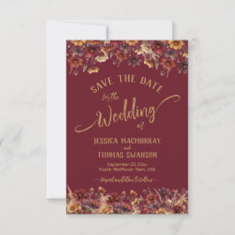Burgundy Boho Chic Vilda Blommor Kalligrafi Bröllo Spara Datumet