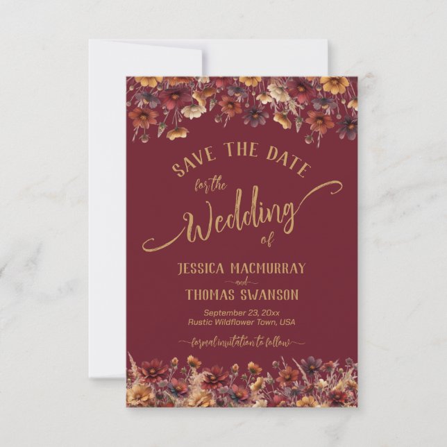 Burgundy Boho Chic Vilda Blommor Kalligrafi Bröllo Spara Datumet (Framsida)