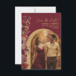 Burgundy Boho Chic Wildflowers Arch Photo Wedding Spara Datumet<br><div class="desc">Let your friends and family know to save the date for your upcoming wedding with this beautiful card. Features a rustic boho chic design with country wildflowers and deep rich earthtone colors of burgundy and gold. Your photo is displayed in a beautiful arched frame and the title is written in...</div>