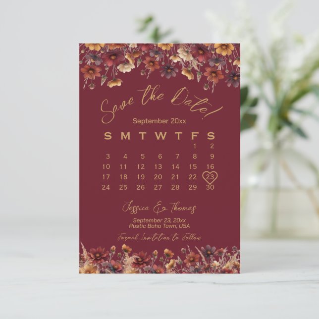 Burgundy Boho Chic Wildflowers Wedding Calendar Spara Datumet (Stående Fram)