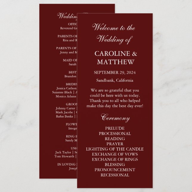 Burgundy Boho Dinner Modern Minimalistic Wedding  Program (Fram/baksida)