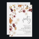 Burgundy Boho Fall Blommigt 40:e födelsedagen Inbjudningar<br><div class="desc">Bär hösten och den rustiska elegansen i dess blommigtar,  med dessa 40:e födelsedagen Party inbjudan. Gör en milstolpe minnesvärd och ställ in perfekten för att fira din 40-årsdag. Matchande objekt i vår butiks Cava party-design</div>