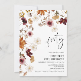 Burgundy Boho Fall Blommigt 40:e födelsedagen Inbjudningar