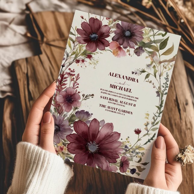 Burgundy Boho Fall Blommigt Bröllop Inbjudningar (Skapare uppladdad)