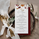 Burgundy Boho Fall Blommigt Bröllop Menu Meny<br><div class="desc">Menykort för Boho Theme Burgundy Fall Blommigt Bröllop. Designad med Blommigtar för vattenfärgsfall Matchande objekt i vår butik Cava Party Design</div>