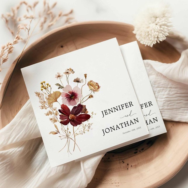 Burgundy Boho Fall Blommigt Fotobröllopsinbjudan Pappersservett (Autumn Bohemian Wedding Paper Napkins)