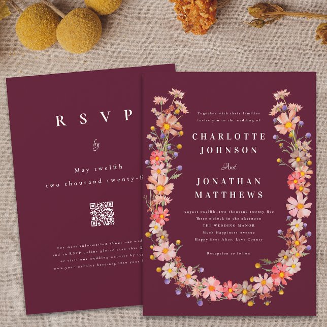 Burgundy Boho Fall Blommigt QR-koden Bröllop Inbjudningar (Boho fall wildflower rustic floral wreath burgundy wedding qr code invitation Elegant watercolor)