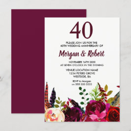 Burgundy Boho Flowers 40:e Bröllop-årsdagen Inbjudningar