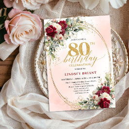 Burgundy Boho Garden Floral 80th Birthday Invite Inbjudningar