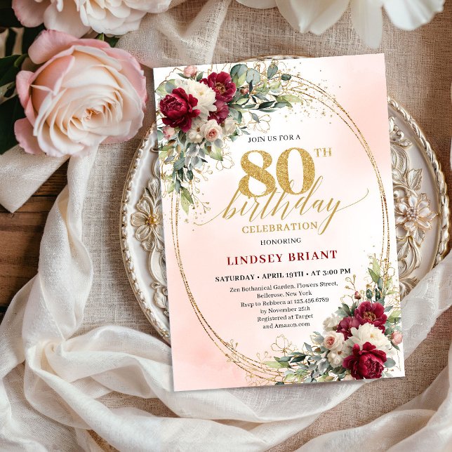 Burgundy Boho Garden Floral 80th Birthday Invite Inbjudningar (Burgundy Boho Garden Floral 80th Birthday Invitation)