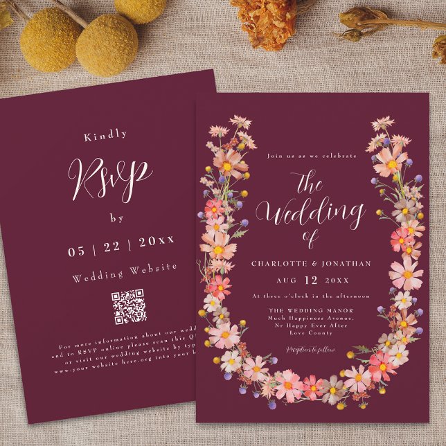 Burgundy Boho Höst Rustik Blommig QR-kod Bröllop Inbjudningar (Boho fall rustic wildflower burgundy and cream ivory wedding qr code invitation Watercolor florals)