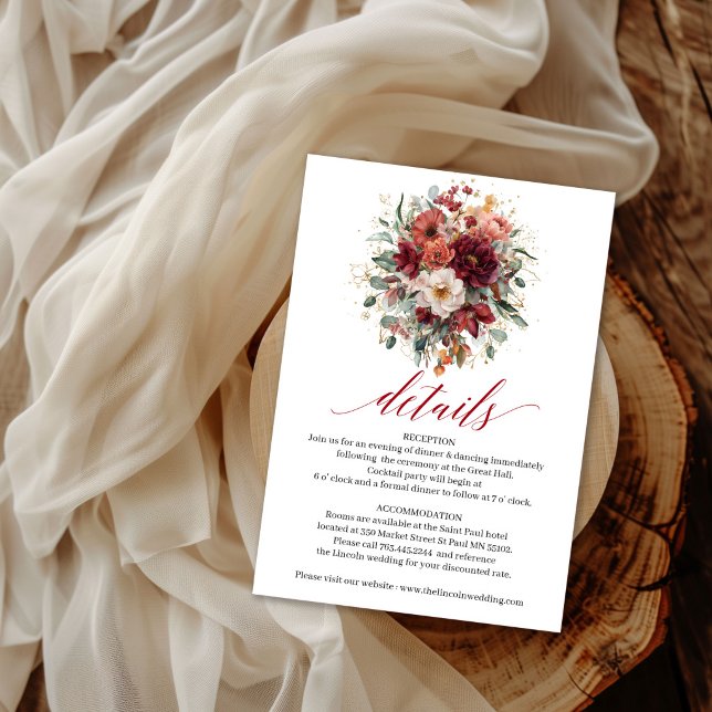 Burgundy Boho Höstblommor Grönska Detaljer Kort (Burgundy Boho Autumn Flowers Greenery Details Card

)