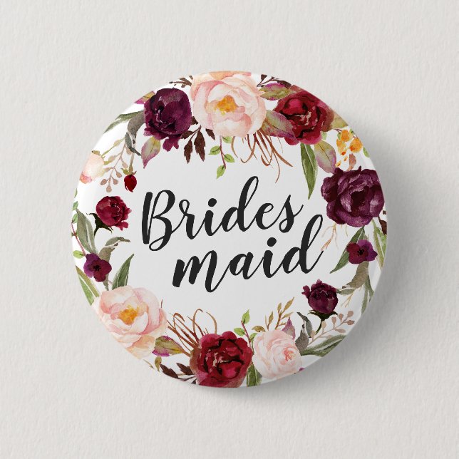 Burgundy Boho Red  Blommigt Utandning Bridesmaid Knapp (Framsida)