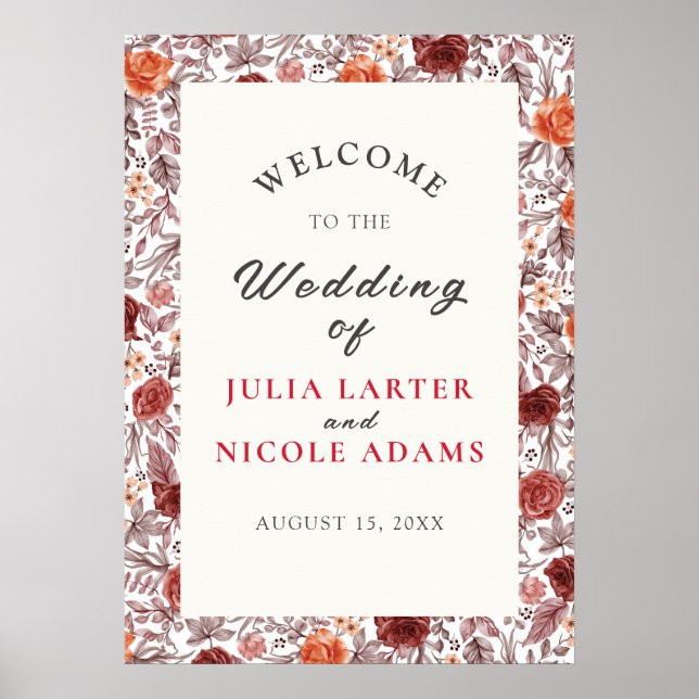 Burgundy Boho Ro Blommigt Pampas Grass Bröllop Poster (Framsidan)