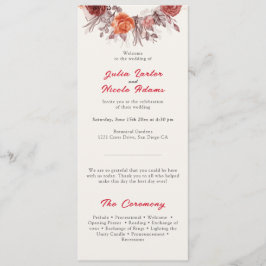 Burgundy Boho Ro Blommigt Pampas Grass Bröllop Program