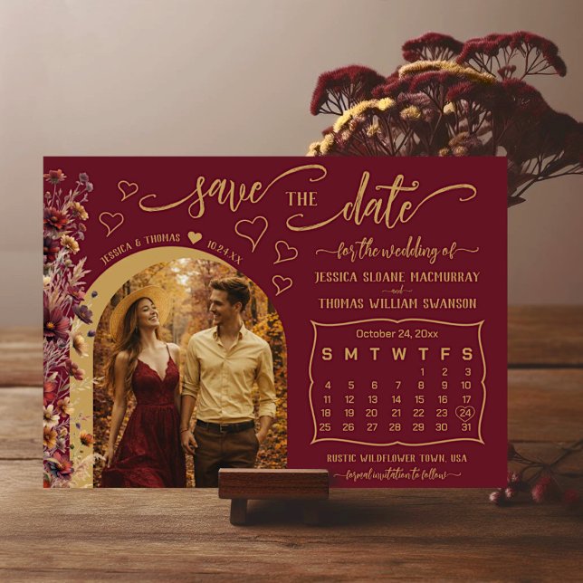 Burgundy Boho Vilda Blommor Foto & Kalender Bröllo Spara Datumet (Skapare uppladdad)