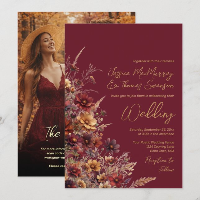 Burgundy Boho Vildblommor & Foto QR-kod Bröllop Inbjudningar (Fram/baksida)