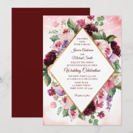 Burgundy Boho Vin Watercolor Blommigt Bröllop Card Inbjudningar