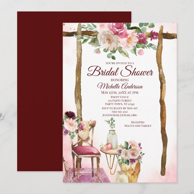 Burgundy Boho Watercolor Blommigt Arch Möhippa Inbjudningar (Fram/baksida)