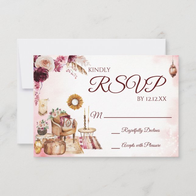 Burgundy Boho Watercolor Blommigt OSA kort (Framsida)