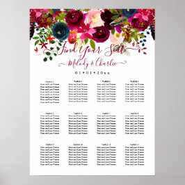 BURGUNDY BOHO WATERCOLOR FLOWERS SEATCHART POSTER