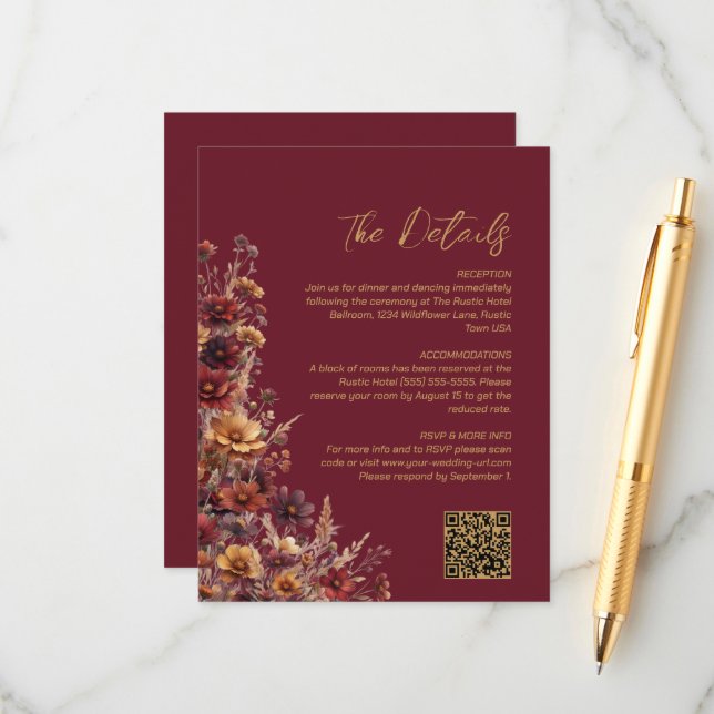 Burgundy Boho Wildflowers QR Code Wedding Details Tilläggskort (Fram/Back In Situ)