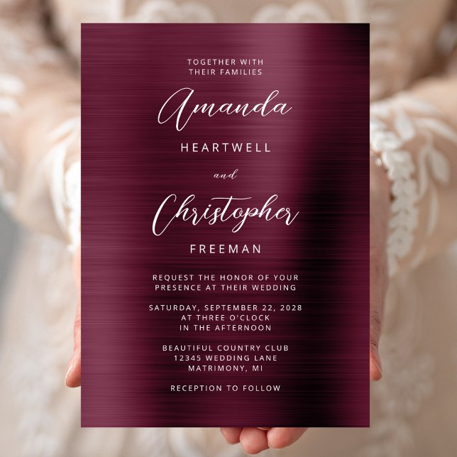 Burgundy Borstat Metall Script Bröllop Inbjudningar (Skapare uppladdad)