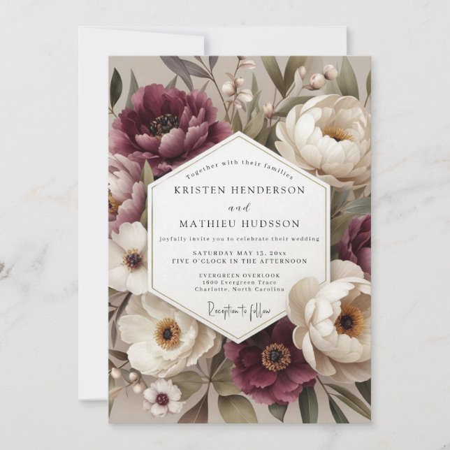Burgundy Botanical Bloom Wedding Inbjudningar (Framsida)