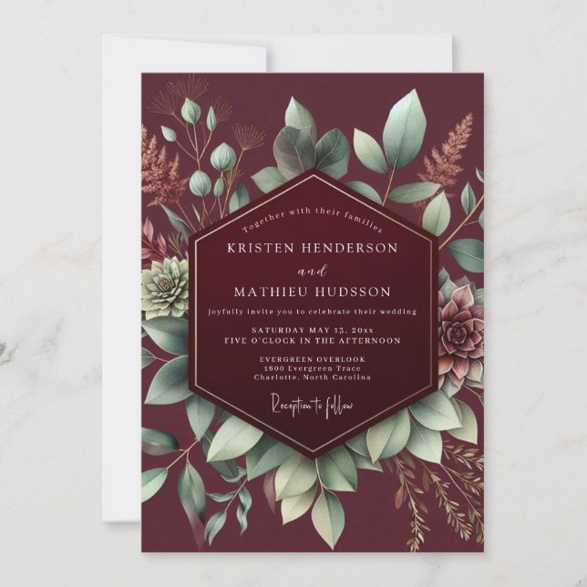 Burgundy Botanical Bloom Wedding Inbjudningar (Framsida)