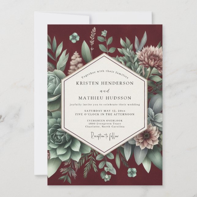 Burgundy Botanical Elegance Wedding Inbjudningar (Framsida)