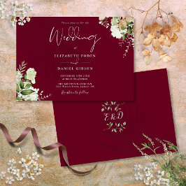 Burgundy Botanical Greenery Monogram Bröllop Inbjudningar