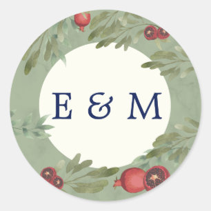 Burgundy Botanical Greenery Monogram Bröllop Runt Klistermärke