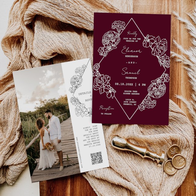 Burgundy Botanical Line Art Boho QR-kod Foto Inbjudningar (Skapare uppladdad)