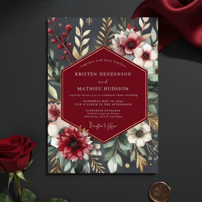 Burgundy Botanical Romantic Wedding Inbjudningar (Skapare uppladdad)