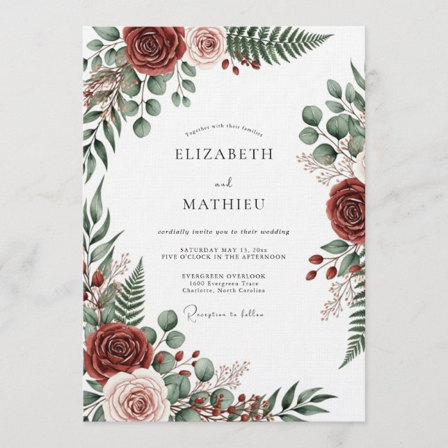 Burgundy Botanical Romantic Wedding Inbjudningar (Framsida)