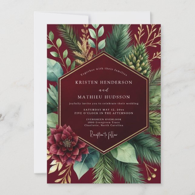 Burgundy Botanical Winter Wedding Inbjudningar (Framsida)