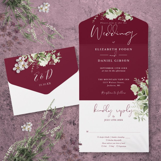 Burgundy Botanisk Grönska Monogram Bröllop  (Burgundy Botanical Greenery Monogram Wedding All In One Invitation)