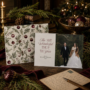 Burgundy Botanisk Nyligen Gift Julfotografi Julkort