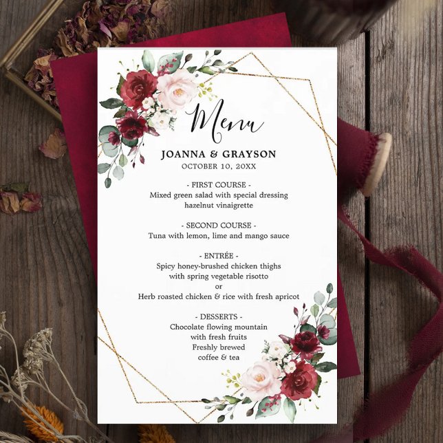 Burgundy  botaniskt Geometric Bröllop Menu (Skapare uppladdad)