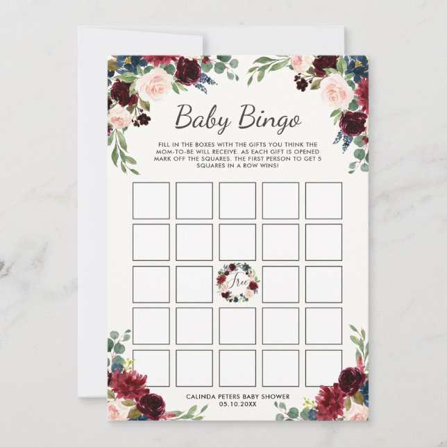 Burgundy Bouquet| Babyskor Bingo Inbjudningar (Framsida)