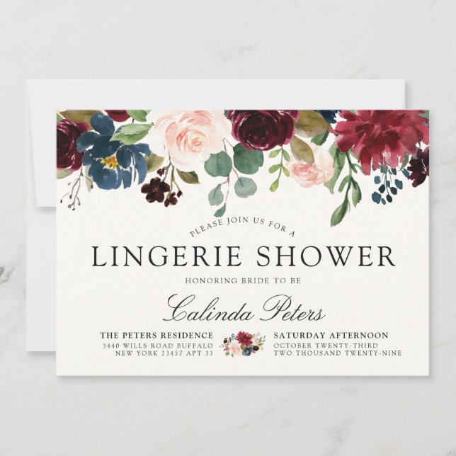 Burgundy Bouquet| Blommigt Lingerie Shower Inbjudningar (Framsida)