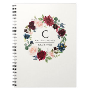 Burgundy Bouquet Blommigt monogram Anteckningsbok