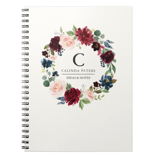 Burgundy Bouquet | Blommigt monogram Anteckningsbok (Framsidan)