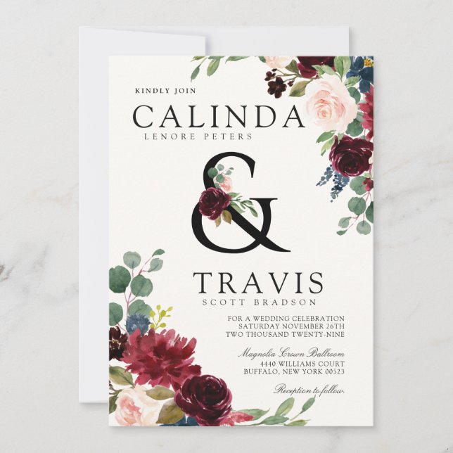 Burgundy Bouquet | Fet Ampersand-linje Inbjudningar (Framsida)