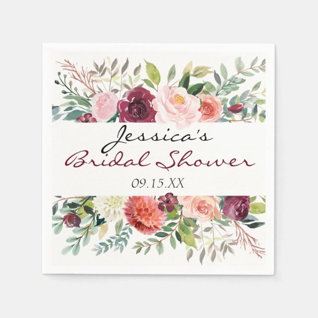 Burgundy Bouquet Personlig Blommigt Napkin Pappersservett (Framsidan)