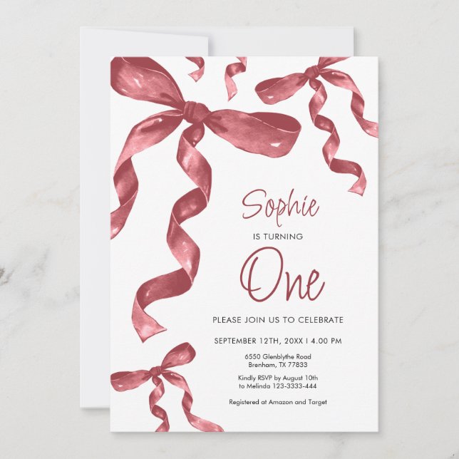 Burgundy Bow 1:a födelsedagsinbjudan Inbjudningar (Framsida)