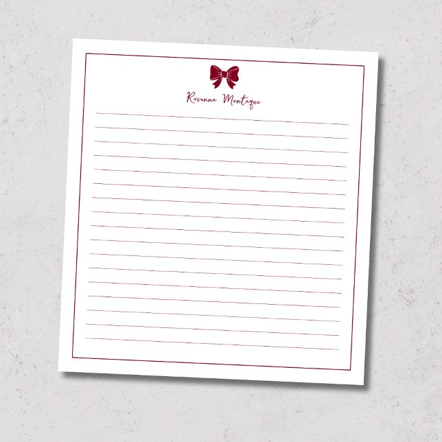 Burgundy Bow Border Anpassat Namn Linjerat Anteckningsblock (Skapare uppladdad)