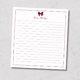 Burgundy Bow Border Custom Name Lined Anteckningsblock