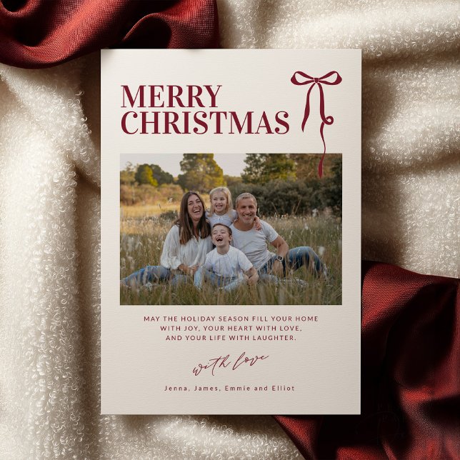 Burgundy Bow Christmas Card with Photo Inbjudningar (Skapare uppladdad)