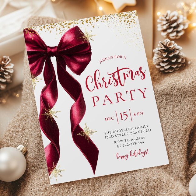 Burgundy Bow Christmas Party Invitation Inbjudningar (Skapare uppladdad)